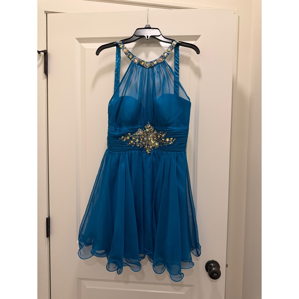 Mac Duggal Teal Blue Chiffon Beaded Halter Cocktail Dress 12 Prom Homecoming